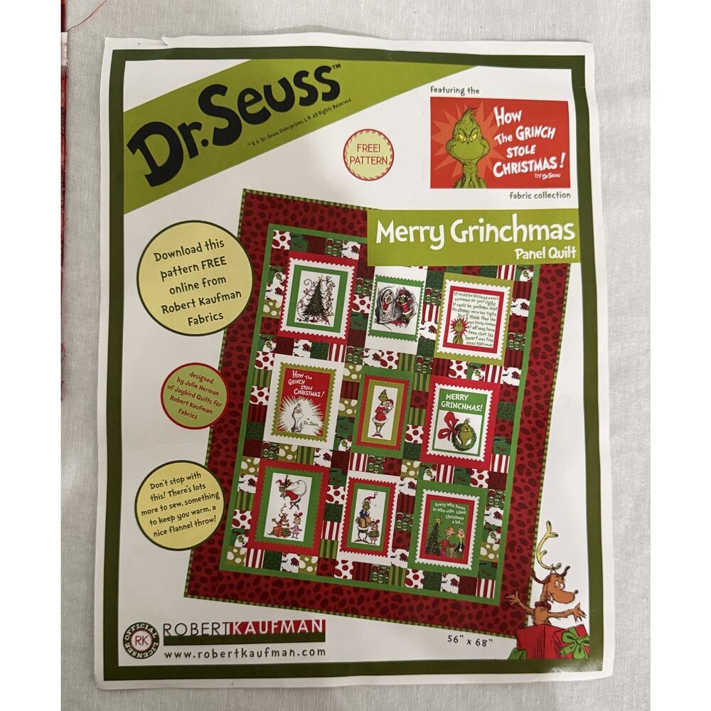 Dr. Seuss Merry Grinchmas Quilt Kit COMPLETE Robert Kaufman Jaybird Quilt 191-17 - Picture 4 of 12